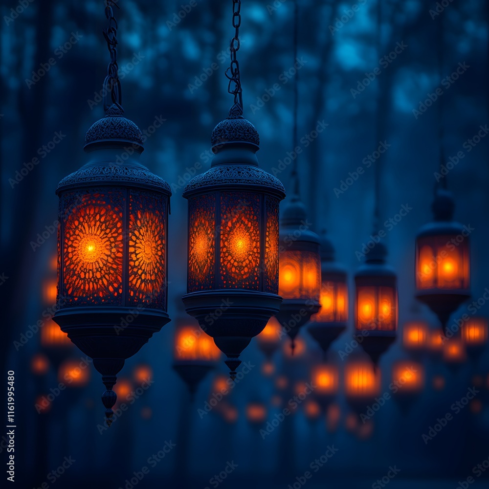 Fototapeta premium Illuminated lanterns hanging in a misty forest at night.