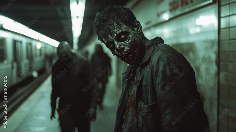 Fototapeta premium A terrifying encounter with zombies on a dimly lit subway platform. 