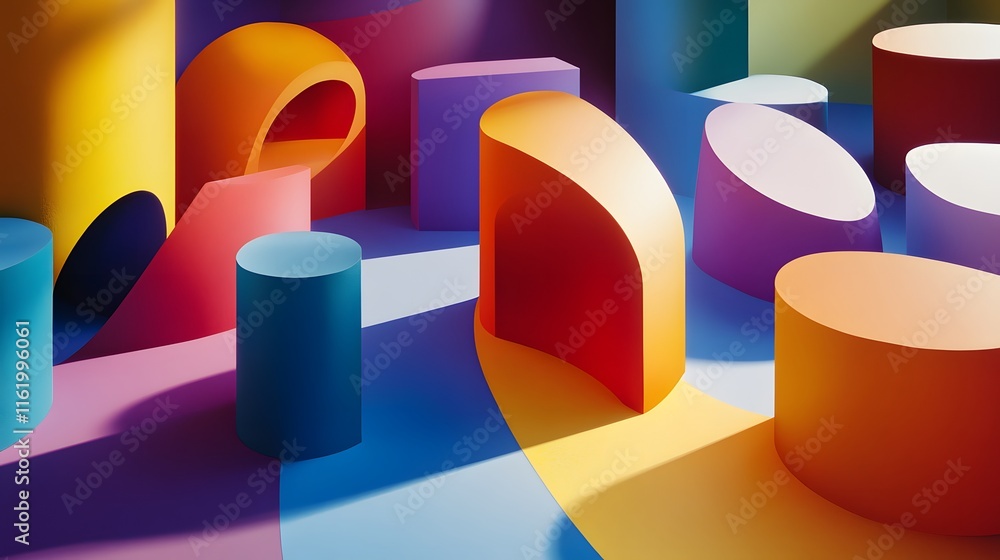 Geometric shapes with rich colors fitting together with their shadows stretching across a clean surface Geometric shapes with rich colors fitting together with their shadows stretching across a clean surface