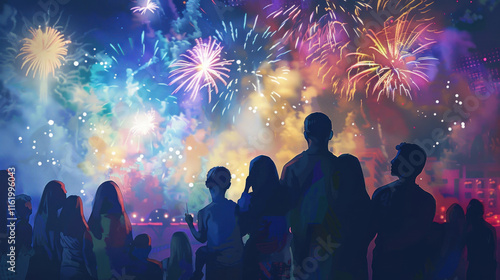 Wallpaper Mural blissful people, watching fireworks during a festive evening, vibrant and dynamic, natural lighting, joyful mood, Torontodigital.ca