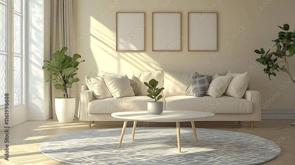 Fototapeta premium Sunlit living room with beige sofa, coffee table, plants, and three empty frames.