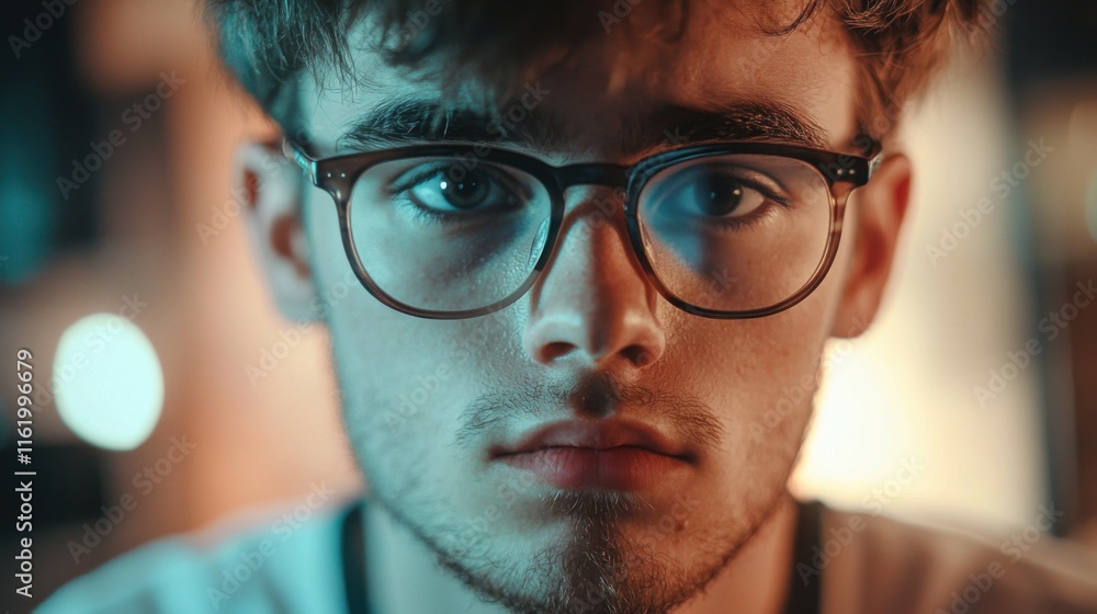 Intriguing Portrait of a Young Man with Glasses in Moody Lighting: A Close-Up Study of Expression and Texture Intriguing Portrait of a Young Man with Glasses in Moody Lighting: A Close-Up Study of Expression and Texture