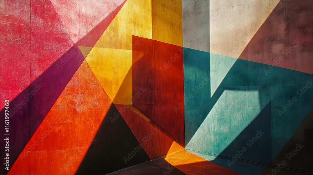 Fototapeta premium Vibrant geometric figures fitting together with shadows that play with light and depth across the surface