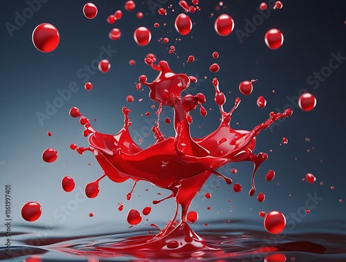 Dynamic red liquid splash captured in high-resolution art against a dark gradient background, showcasing vivid droplets, fluid motion, and bold contrast, perfect for abstract designs and modern aesthe photo