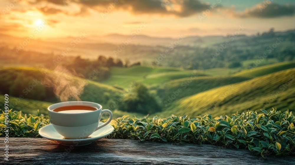 Steaming tea cup at sunrise over tea plantation. Steaming tea cup at sunrise over tea plantation.