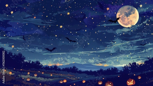 Halloween night scene with full moon, bats, stars, and jack-o'-lanterns. photo