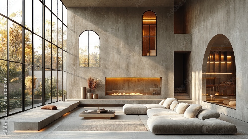 Sunlit modern living room with fireplace, large windows, and beige sectional sofa. Sunlit modern living room with fireplace, large windows, and beige sectional sofa.