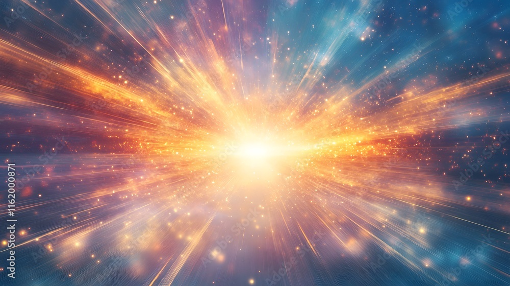 A radiant explosion of light and energy with streaks of colorful light radiating outward from a central core A radiant explosion of light and energy with streaks of colorful light radiating outward from a central core