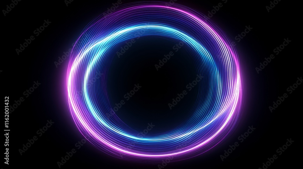 A vibrant, glowing circular design with blue and pink neon light effects against a black background. A vibrant, glowing circular design with blue and pink neon light effects against a black background.