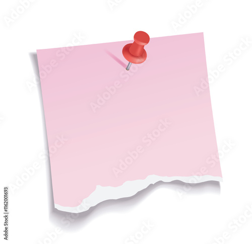 Pink torn paper note with a red pushpin isolated on a white background, realistic vector illustration with shadows, ideal for reminders, creative projects, or presentations