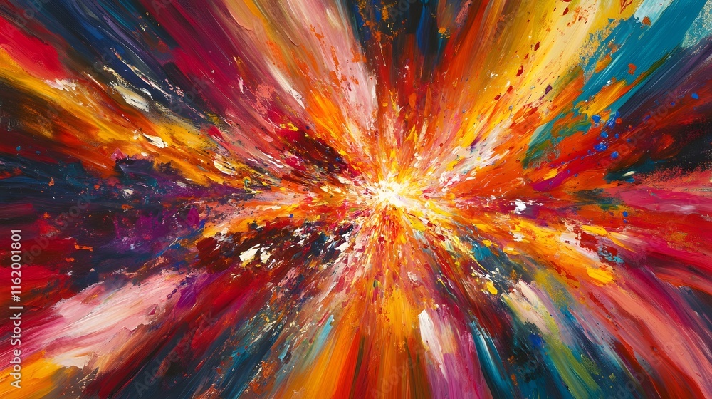 Obraz premium A vivid explosion of energy emanating from the center with radiant color streaks flowing outward