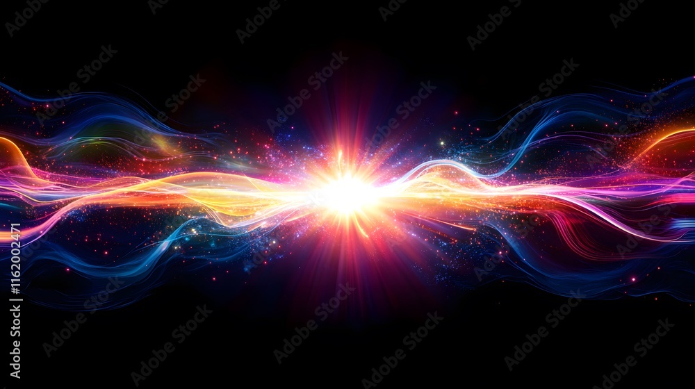 A bright glowing burst of energy at the center expanding into colorful waves of light and energy A bright glowing burst of energy at the center expanding into colorful waves of light and energy