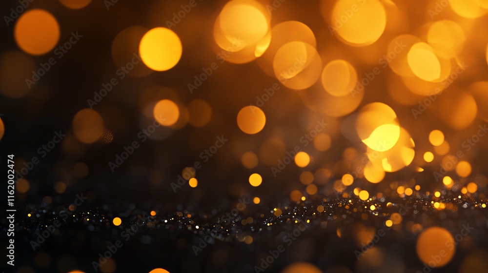Obraz premium Golden bokeh dust sparks on a blurred background, sparkling light effect