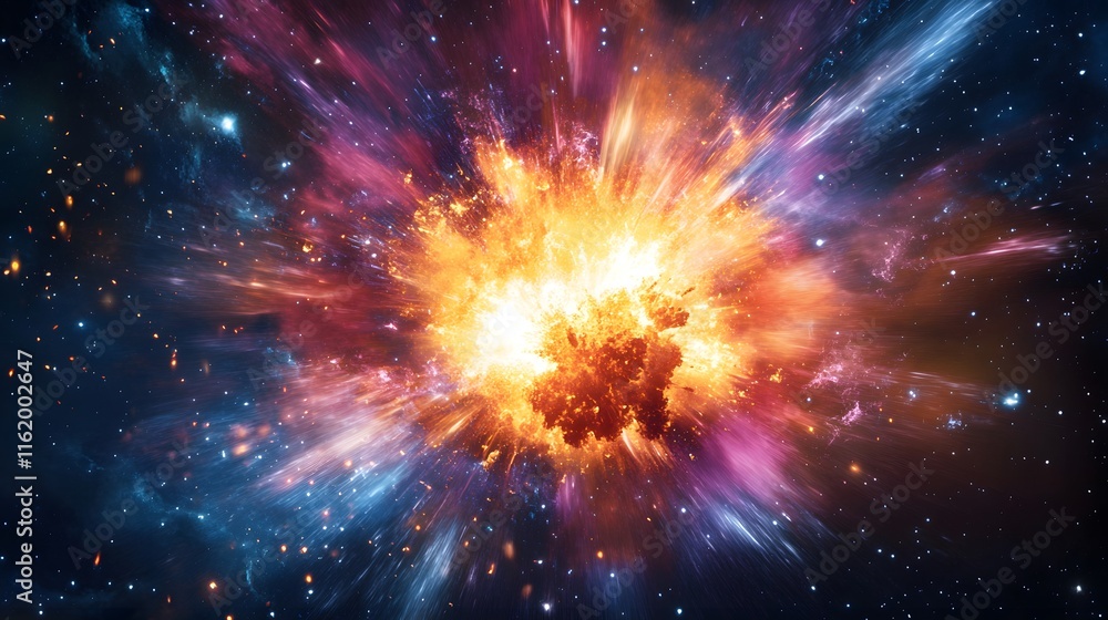 A dynamic explosion of energy radiating outward from the center with colorful streaks lighting up the space A dynamic explosion of energy radiating outward from the center with colorful streaks lighting up the space