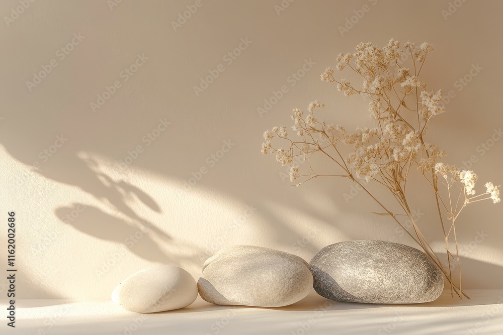 Minimalist beige aesthetic with stones, dried flowers, and sunlight shadows. Minimalist beige aesthetic with stones, dried flowers, and sunlight shadows.