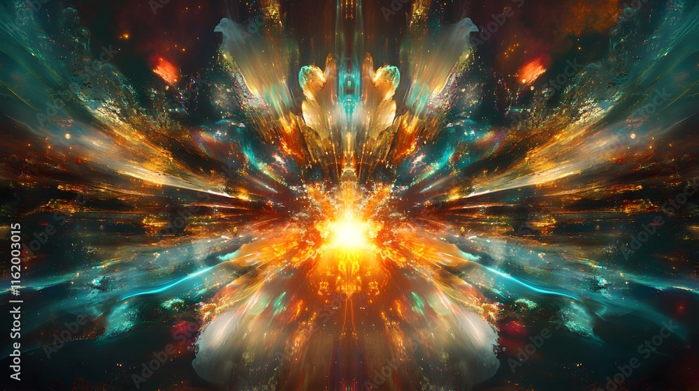 Fototapeta premium A glowing explosion of light and energy at the center with beams of color radiating outward in all directions