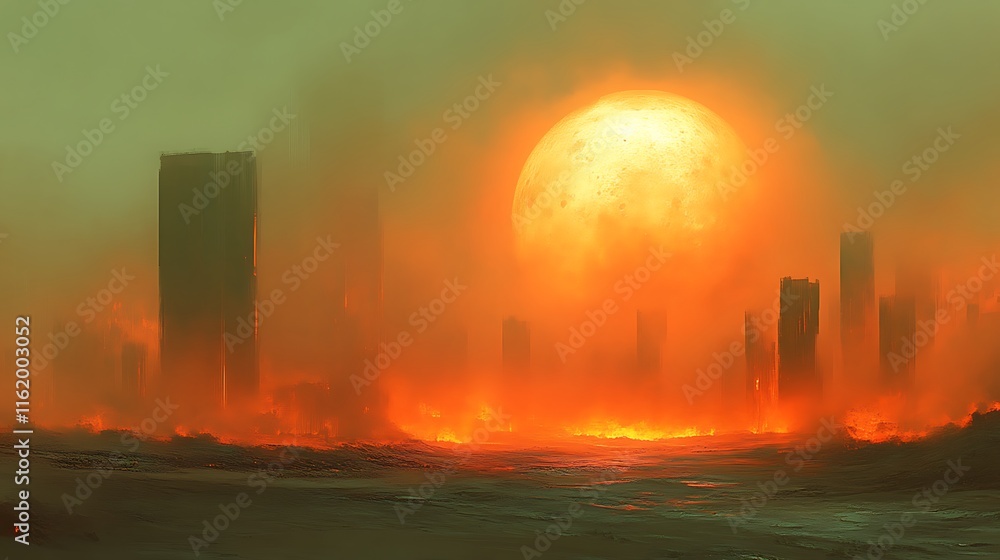 Fototapeta premium Burning Cityscape Underneath a Giant Orange Moon