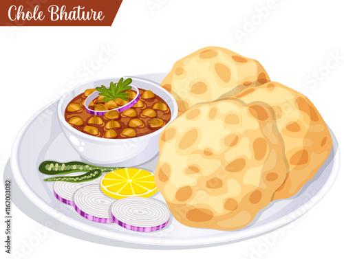 Chole Bhature Plate with Chana Masala, Puries, Sliced Onions, Lemon and Chili. Traditional Indian Street Breakfast Cuisine 