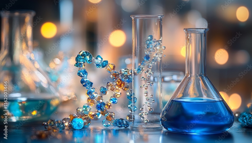 DNA model with beakers and test tubes in lab. DNA model with beakers and test tubes in lab.