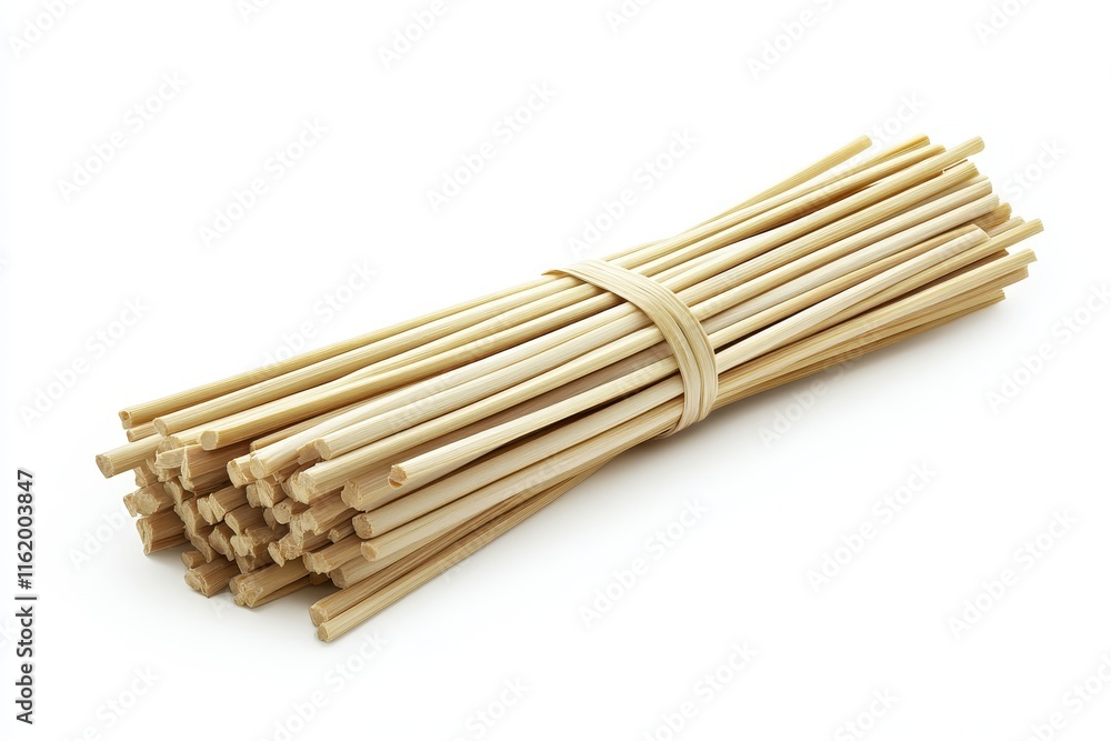 Bundle of thin, light brown bamboo sticks tied with a rubber band on white background. Bundle of thin, light brown bamboo sticks tied with a rubber band on white background.