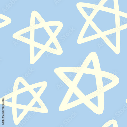 Doodle Star Kid Drawing Blue Background Seamless Pattern