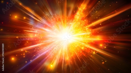 A dynamic explosion of energy at the core with colorful rays of light shooting outward creating movement