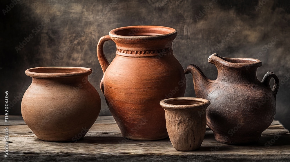 Handmade Clay Pots and Jugs on Wooden Table in Close-Up. AI generated illustration Handmade Clay Pots and Jugs on Wooden Table in Close-Up. AI generated illustration