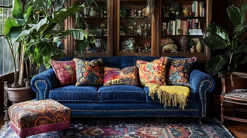 Blue Velvet Sofa with Colorful Pillows in Luxurious Room