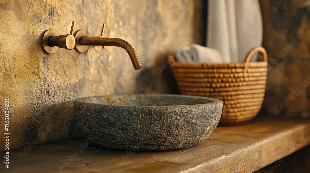 Rustic Stone Sink & Bronze Tap in Cozy Bathroom Setting Rustic Stone Sink & Bronze Tap in Cozy Bathroom Setting