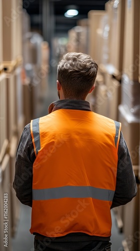 Young male worker in an orange safety vest observing warehouse shelves loaded with boxes.