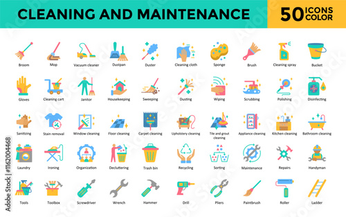 Cleaning and Maintenance icon set with broom, mop, vacuum cleaner, dustpan, duster, cleaning cloth, sponge, brush, cleaning spray, bucket icon. Simple flat color vector 
