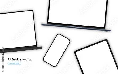 Modern laptop mockup front view and high quality smartphone and tablet mockup isolated on white background, PNG transparent
