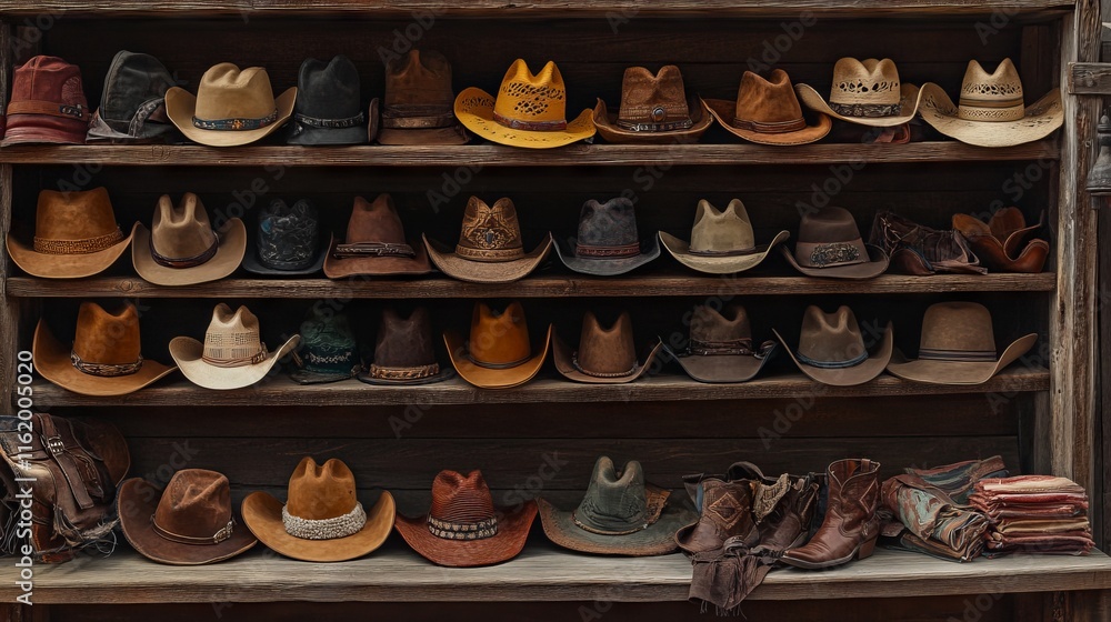 Naklejka premium Cowboy Hats and Boots Displayed on Wooden Shelf at Western Market. AI generated illustration