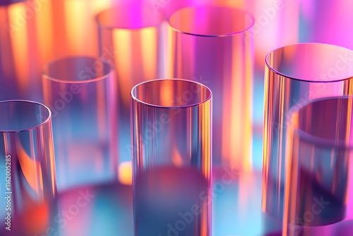 A row of transparent glass test tubes filled with colorful liquids rests on a white laboratory bar, reminiscent of a row photo