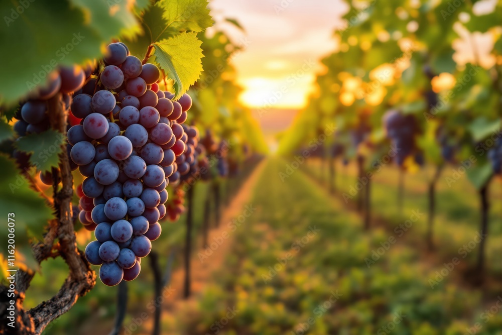 Fototapeta premium Close-up of ripe grapes on vines, vibrant natural hues, sunset in the background, lush vineyard scene, concept of winemaking and agriculture. Ai generative