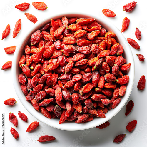 Red dried goji berries in a bowl on a white background.