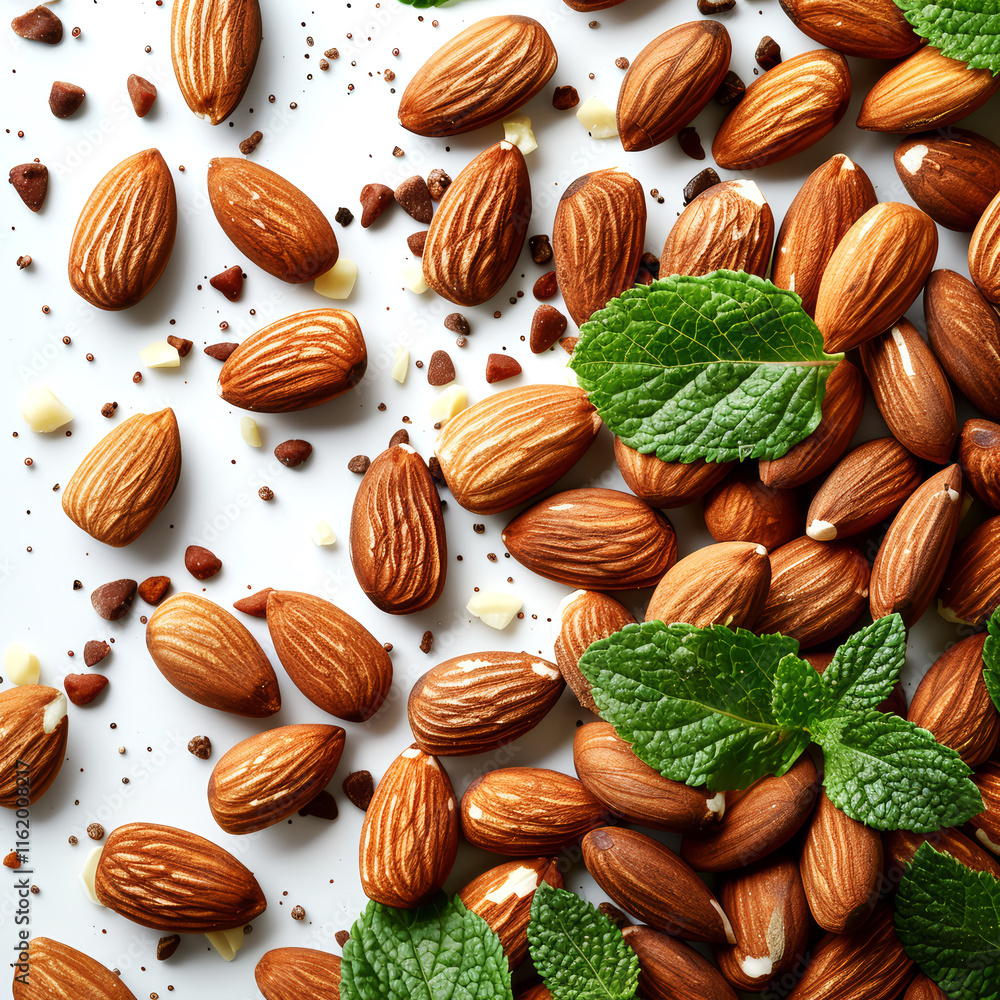 Almond nuts with mint leaves on a white background. Top view. Almond nuts with mint leaves on a white background. Top view.