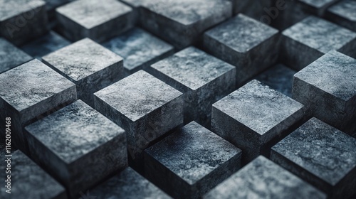 The image is a close up of a gray stone wall with many small square blocks. The blocks are arranged in a way that creates a sense of depth and texture. Scene is one of solidity and permanence photo