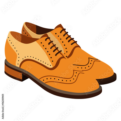 Tan and Beige Brogue Oxford Shoes Illustration-Vector illustration of a pair of tan and beige Oxford shoes featuring classic brogue perforations and a lace-up design, ideal for formal or vintage fashi