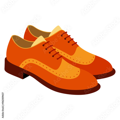 Bright Orange Oxford Shoes with Brogue Details-Vector illustration of a pair of bright orange Oxford shoes with brogue perforations and lace-up design, ideal for bold, stylish fashion themes.  
