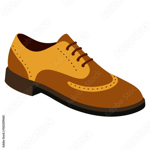 Brown and Yellow Oxford Shoe with Brogue Details-Vector illustration of a brown and yellow Oxford shoe featuring brogue detailing and a lace-up design, ideal for formal or casual fashion themes.  
