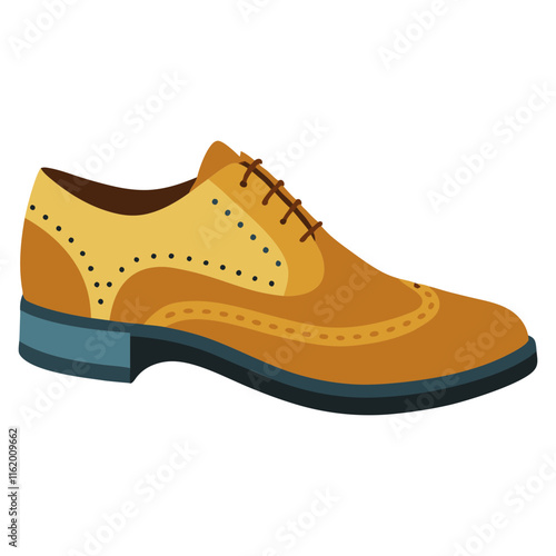 Tan and Yellow Brogue Oxford Shoe Illustratio, Vector illustration of a classic tan and yellow Oxford shoe with brogue perforations and lace-up design, perfect for formal or vintage style themes.  

