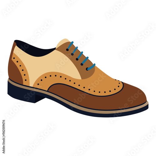 Two-Tone Oxford Shoe with Blue Laces-Vector illustration of a two-tone brown and beige Oxford shoe featuring blue laces, brogue detailing, and a classic design, ideal for fashion themes.  
