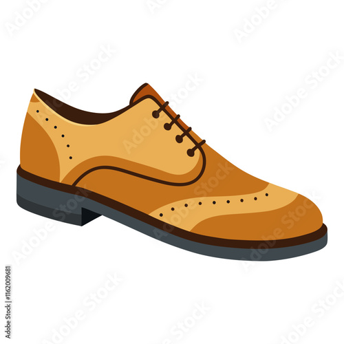 Classic Tan Oxford Shoe with Brogue Details-Vector illustration of a single tan Oxford shoe featuring brogue detailing and a lace-up design, perfect for formal or vintage fashion themes.  
