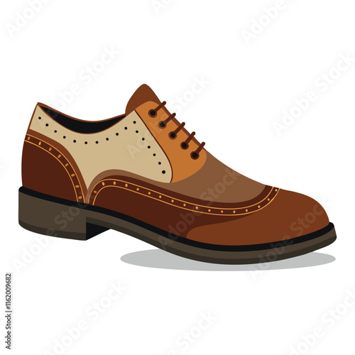 Brown and Beige Leather Oxford Shoe Illustration-Vector illustration of a single brown and beige Oxford shoe with classic brogue detailing and lace-up design, ideal for formal or vintage themes.  
