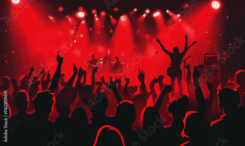 Dynamic Concert Crowd and Stage Lights Vector Illustration in Red and Black Tones