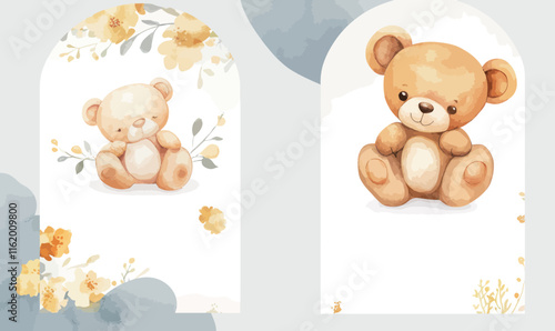 Watercolor Baby Shower Invitation Card with Teddy Bear Theme for Newborn Celebration