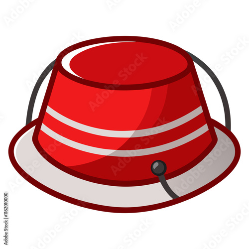 Red Bucket Hat with Stripes Illustration-Vector illustration of a red bucket hat with white stripes and a chin strap, perfect for outdoor, travel, or summer-themed designs.
