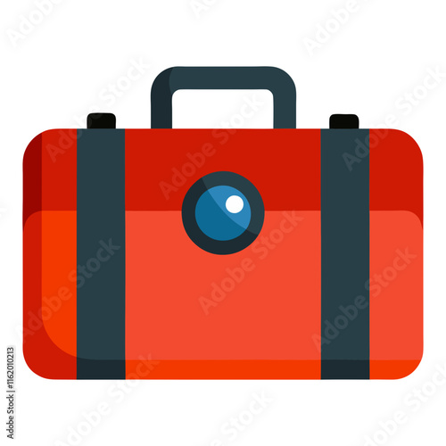 Red Suitcase with Black Straps and Handle-Illustration of a red suitcase featuring black straps, a sturdy handle, and a round decorative emblem, isolated on white.
