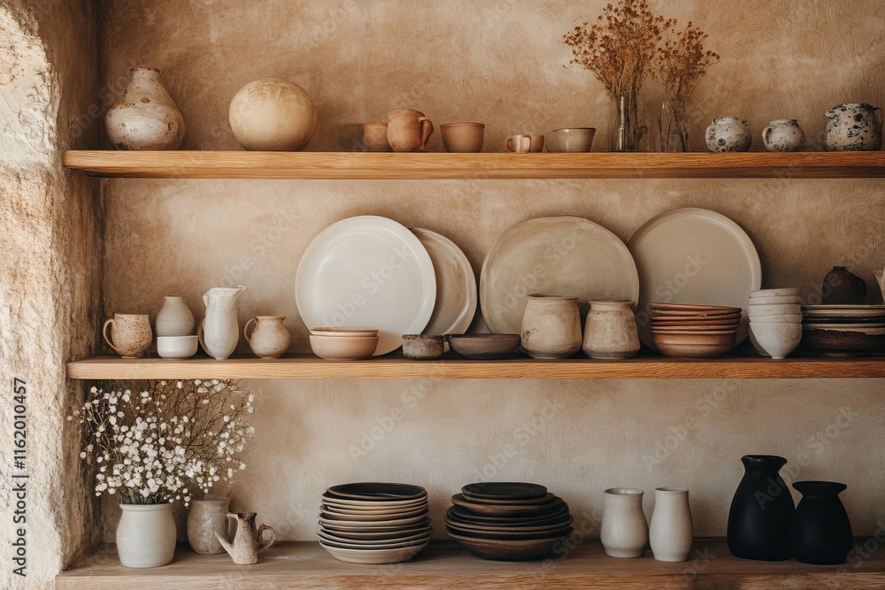 Handmade clay plates and vases displayed on shelves in a pottery studio. AI generated illustration Handmade clay plates and vases displayed on shelves in a pottery studio. AI generated illustration